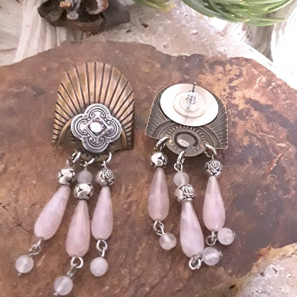 Deco Inspired Antique Brass & Silver w Natural Rose Quartz Dangle Post Earrings - Picture 2 of 5